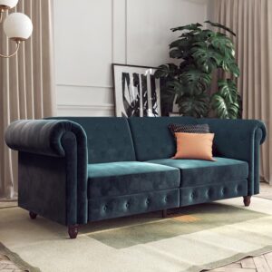 Flex Velvet Sofa Bed With Wooden Legs In Blue