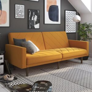 Pawson Fabric Sofa Bed With Wooden Legs In Mustard