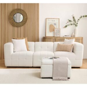 Maize Boucle Fabric 3 Seater Sofa With Footstool In White